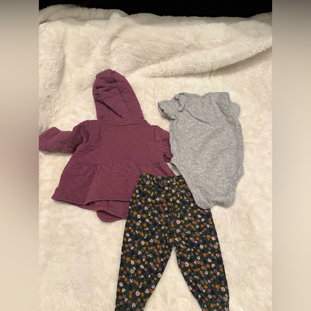 🌸5/$50🌸Carter’s Hooded Quilted Jacket with Floral Pants and Gray Onesie - Picture 2 of 3
